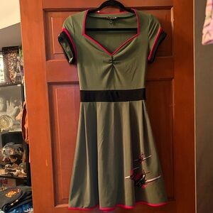 Sourpuss Green Dress with Red Accents and Airplane Graphics